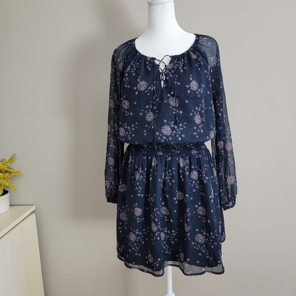Abercrombie & Fitch Navy Floral Tie-Neck Long-Sleeve Dress Size Small